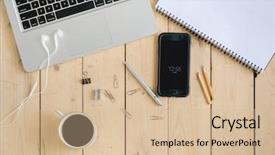  Presentation with accessories - Amazing PPT theme having pen laptop coffee cup clips - wooden desk with various gadgets backdrop and a lemonade colored foreground