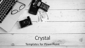  Presentation with accessories - PPT theme enhanced with wooden desk with various gadgets and accessories top view background and a light gray colored foreground