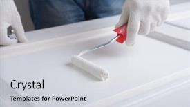  Presentation with man door - PPT theme featuring wooden door using paint roller background and a light gray colored foreground