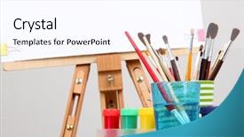  Presentation with art supplies - Audience pleasing slides consisting of wooden easel with clean paper and art supplies in room backdrop and a white colored foreground