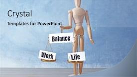  Presentation with balance scale - Cool new PPT theme with wooden figure holding scales backdrop and a light blue colored foreground