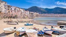  Presentation with fishing boats - Colorful presentation theme enhanced with wooden fishing boats on the old beach of cefalu sicily italy backdrop and a coral colored foreground