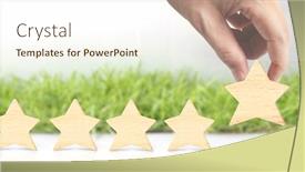  Presentation with business experience - Colorful slide set enhanced with wooden-five-star-in-hand backdrop and a cream colored foreground