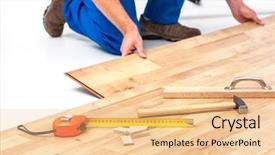 Presentation with flooring - Presentation consisting of wooden floor - carpenter worker installing laminate flooring background and a lemonade colored foreground