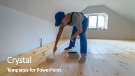  Presentation with paint roller - Theme with wooden floor varnished worker background and a coral colored foreground