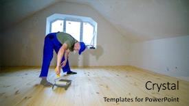  Presentation with paint roller - Audience pleasing PPT theme consisting of wooden floor varnished worker backdrop and a  colored foreground