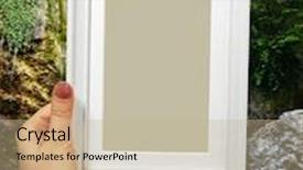  Presentation with waterfall woman - Cool new slide deck with wooden frame in beautiful woman hands on the background waterfall in forest backdrop and a mint green colored foreground