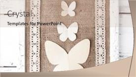  Presentation with butterflies - Theme consisting of wooden frame with paper butterflies isolated on white background and a soft green colored foreground