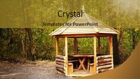  Presentation with house forest - PPT theme consisting of wooden-garden-house-alcove background and a gold colored foreground