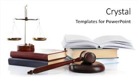  Presentation with stack books - Cool new PPT theme with wooden gavel with justice scales backdrop and a white colored foreground