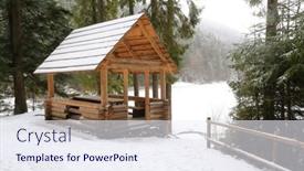  Presentation with forest winter - PPT theme featuring wooden-gazebo-in-the-winter background and a sky blue colored foreground