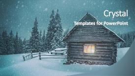  Presentation with house forest - Slides enhanced with wooden house in winter forest toned like instagram filter background and a teal colored foreground