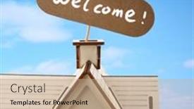  Presentation with advertising - Theme having wooden-house-models-and-welcome background and a coral colored foreground