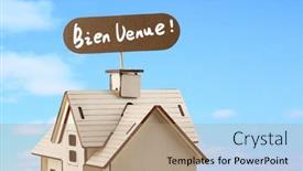  Presentation with advertising - Presentation design with wooden-house-models-and-welcome background and a coral colored foreground