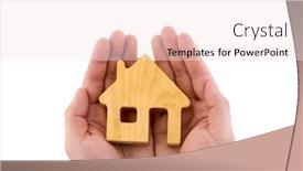  Presentation with white house - Presentation design enhanced with wooden-house-shape-in-hands background and a sky blue colored foreground