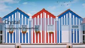  Presentation with colorful - Amazing slide deck having wooden houses with colorful stripe backdrop and a light blue colored foreground