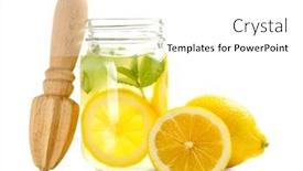  Presentation with lemonade - Slide set consisting of wooden juicer and glass jar with lemonade on white background background and a white colored foreground