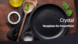  Presentation with cooking utensils - Cool new PPT layouts with wooden kitchen table food backdrop and a dark gray colored foreground