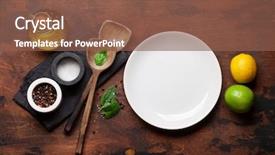  Presentation with cooking oil - Presentation theme featuring wooden kitchen table food background and a tawny brown colored foreground