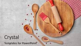  Presentation with kitchen utensils - PPT theme featuring wooden kitchen utensils on table background and a mint green colored foreground