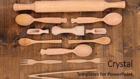  Presentation with kitchen utensils - Cool new PPT theme with wooden kitchen utensils on table close-up backdrop and a coral colored foreground