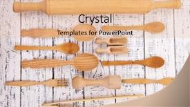  Presentation with utensils - Presentation design with wooden kitchen utensils on table close-up background and a coral colored foreground