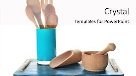  Presentation with cooking equipment kitchen utensils - PPT theme consisting of wooden kitchen utensils on white background and a  colored foreground