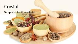  Presentation with mortar - PPT theme with wooden mortar bowls and spoons with spices isolated on white background and a lemonade colored foreground