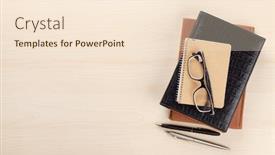  Presentation with notepad - Presentation theme consisting of wooden-office-desk-with-supplies background and a lemonade colored foreground