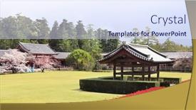  Presentation with japan sakura - PPT layouts having wooden-pavilion-and-blooming-sakura background and a sky blue colored foreground