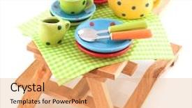  Presentation with picnic - Amazing slide deck having wooden picnic table for eating outdoor with crockery backdrop and a coral colored foreground