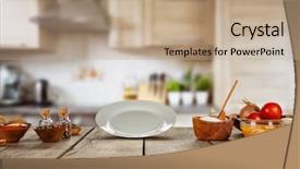  Presentation with image resolution - Presentation theme enhanced with wooden plank empty plate ideal background and a coral colored foreground