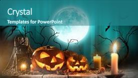  Presentation with spooky - Beautiful slides featuring holloween house - halloween pumpkins on wooden planks backdrop and a teal colored foreground
