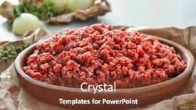  Presentation with wooden - Presentation design enhanced with wooden-plate-with-fresh-forcemeat background and a tawny brown colored foreground