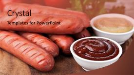  Presentation with sausages - Beautiful presentation theme featuring wooden plate with hot sausages backdrop and a coral colored foreground