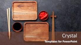  Presentation with japanese food - Colorful PPT theme enhanced with wooden-plates-and-chopsticks backdrop and a tawny brown colored foreground
