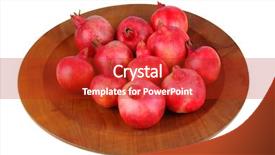  Presentation with pomegranates - Beautiful presentation theme featuring wooden platter full of freshly picked pomegranates horizontal format isolated on white backdrop and a crimson colored foreground
