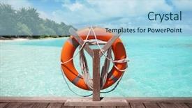  Presentation with wooden boat at sea edge - Audience pleasing slide set consisting of powtoon - wooden pontoon with flotation ring backdrop and a light blue colored foreground