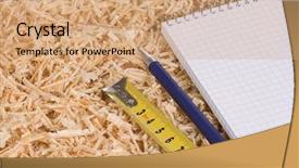  Presentation with shaving - PPT theme featuring wooden shaving and office accessories background and a coral colored foreground