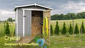  Presentation with garden tools - Colorful PPT theme enhanced with wooden shed with different garden backdrop and a tawny brown colored foreground