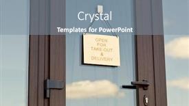  Presentation with open door - PPT theme with wooden-sign-with-text-open background and a gray colored foreground