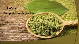  Presentation with matcha green tea - Theme consisting of wooden spoon with powdered matcha background and a gold colored foreground