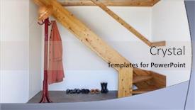  Presentation with rural home - PPT theme featuring wooden staircase rural home interior background and a coral colored foreground