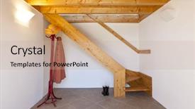  Presentation with rural home - Amazing PPT theme having wooden staircase rural home interior backdrop and a coral colored foreground