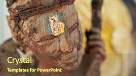  Presentation with close up wooden decking - Slide deck consisting of wooden statue in wat chedi background and a tawny brown colored foreground