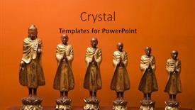 Presentation with disciples - Beautiful presentation theme featuring wooden statues of buddha with five disciples against orange wall backdrop and a gold colored foreground