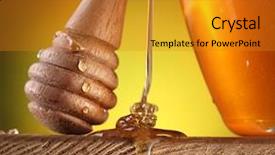  Presentation with wooden stick - PPT theme featuring wooden stick with honey drops on it is near the pot of honey honey stream flowing on a wooden table background and a gold colored foreground