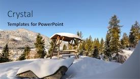  Presentation with snow day - Presentation design consisting of wooden sunbath lounge bench chair outdoor picnic table with roof under snow on sunny day with blue sky winter in tyrol europe background and a light blue colored foreground