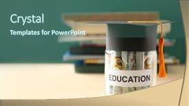  Presentation with education money - Audience pleasing PPT layouts consisting of wooden table against green background backdrop and a ocean colored foreground