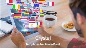  Presentation with rear view of bodyguard - PPT theme having wooden table against international flags background and a coral colored foreground
